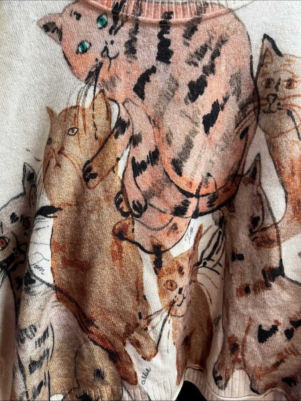 Anthropologie Goldie cashmere Women's Cream Graphic Cat Print  Sweater Medium - Picture 2 of 9